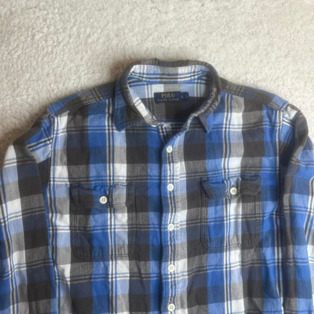 Polo Ralph Lauren men's blue plaid flannel work pocket heavy outdoors L‎